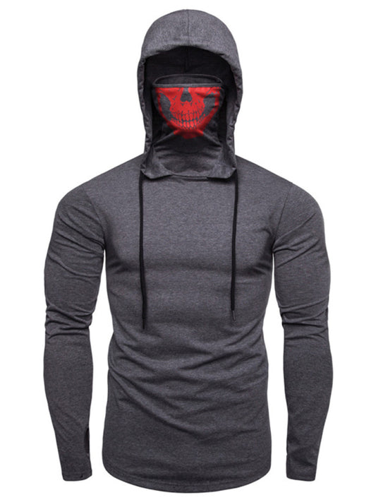 Men's new fitness cycling elastic mask skull print hooded pullover long-sleeved T-shirt Shello's Creative Boutique