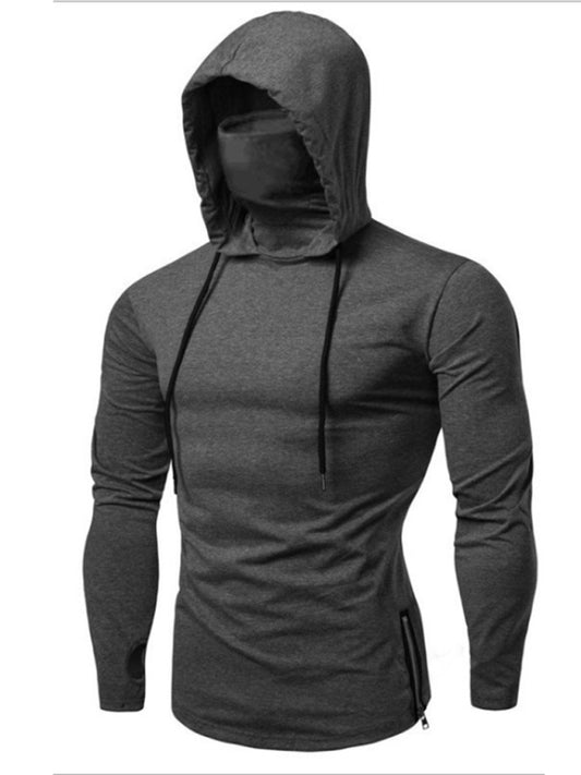 Men's new fitness cycling solid color elastic mask hooded pullover long-sleeved T-shirt sweatshirt Shello's Creative Boutique