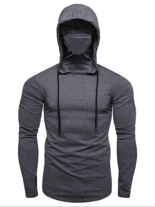 Men's new fitness cycling solid color elastic mask hooded pullover long-sleeved T-shirt sweatshirt Shello's Creative Boutique