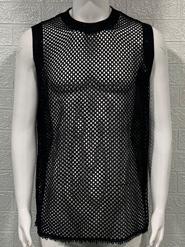 Men's Solid Color Round Neck Sleeveless Hollow Knitted Vest Shello's Creative Boutique