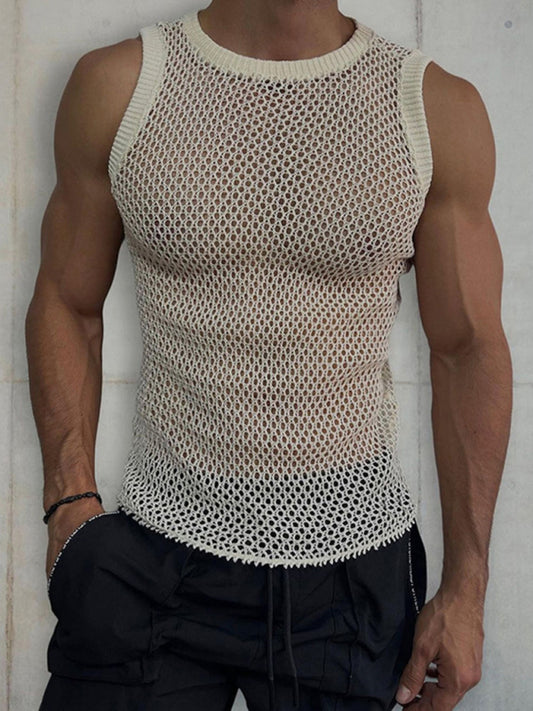 Men's Solid Color Round Neck Sleeveless Hollow Knitted Vest Shello's Creative Boutique