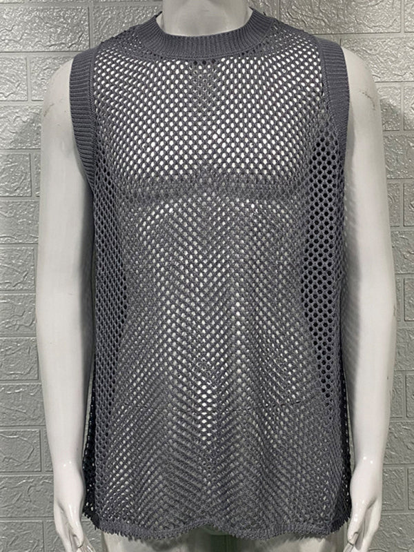 Men's Solid Color Round Neck Sleeveless Hollow Knitted Vest Shello's Creative Boutique