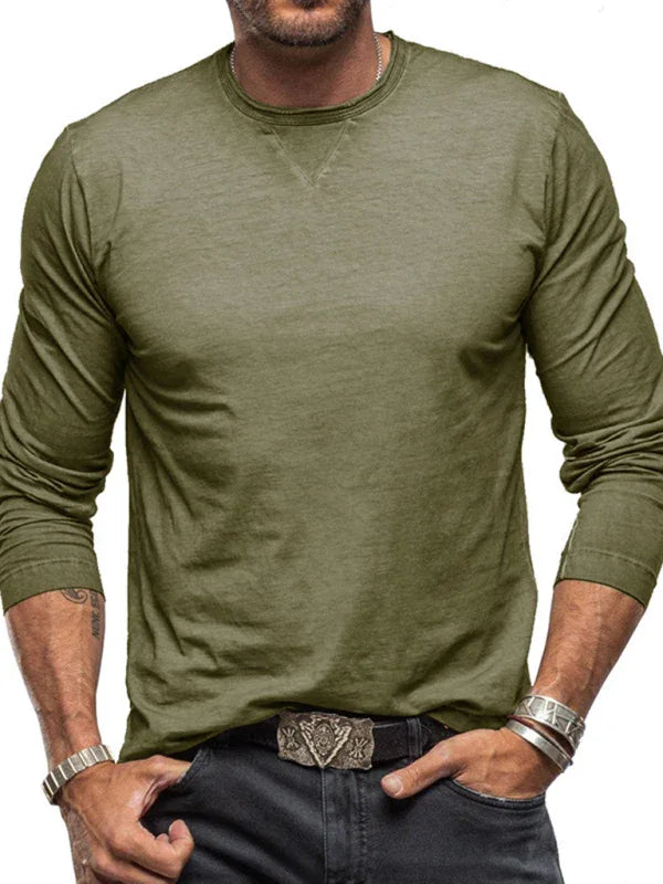 Men New Solid Colour Round Neck Long Sleeve Cotton T-Shirt - Shello's Creative Boutique