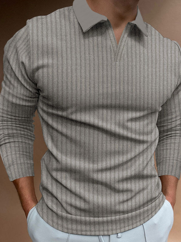 Casual stand-up collar stretch vertical strip long-sleeve V-neck POLO Shello's Creative Boutique