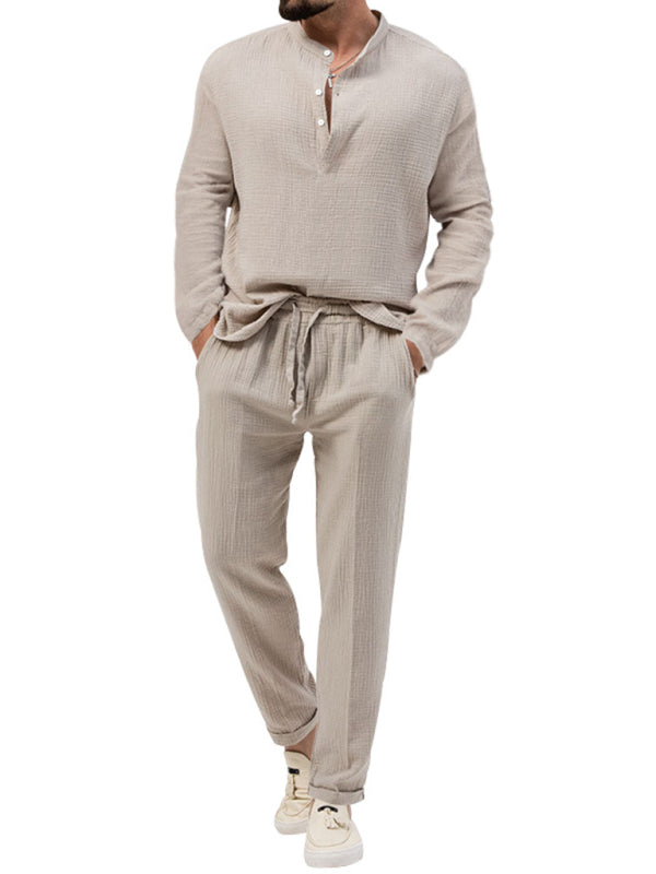 Men's new solid color casual long-sleeved shirt and trousers suit Shello's Creative Boutique