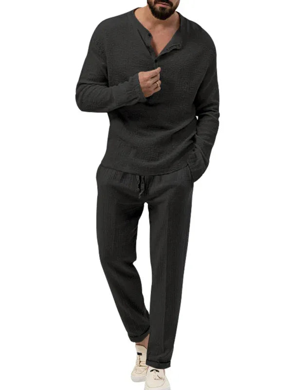 Men's New Solid Colour Casual Long-Sleeved Shirt and Trousers Suit - Shello's Creative Boutique