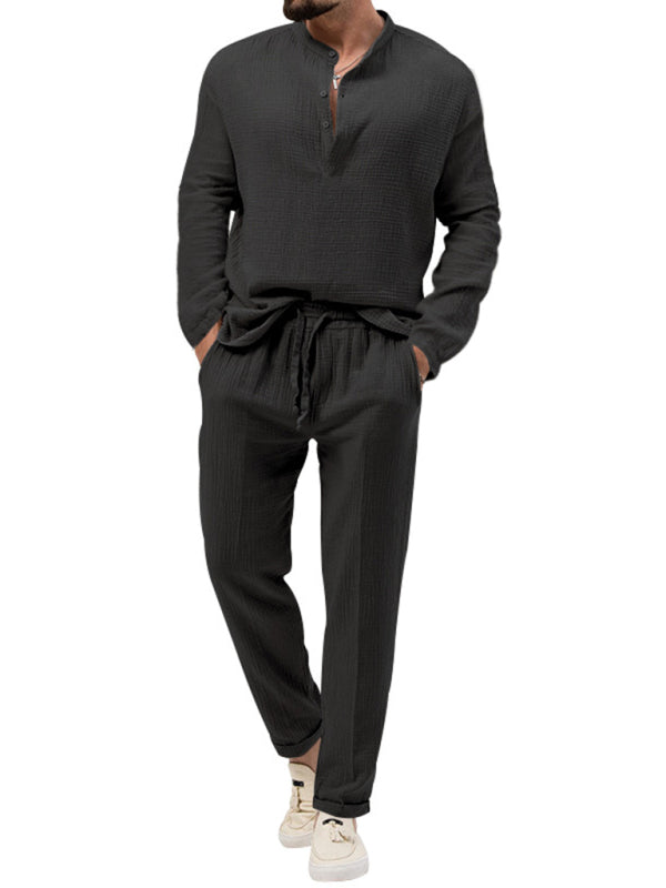Men's new solid color casual long-sleeved shirt and trousers suit Shello's Creative Boutique