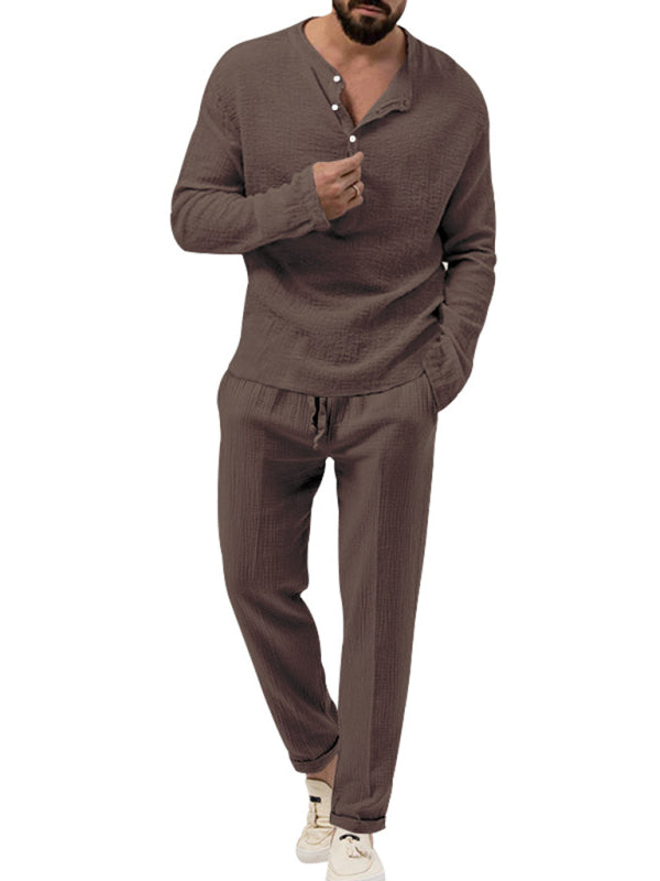 Men's new solid color casual long-sleeved shirt and trousers suit Shello's Creative Boutique
