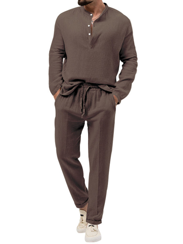 Men's new solid color casual long-sleeved shirt and trousers suit Shello's Creative Boutique