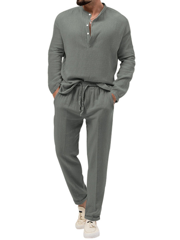 Men's new solid color casual long-sleeved shirt and trousers suit Shello's Creative Boutique