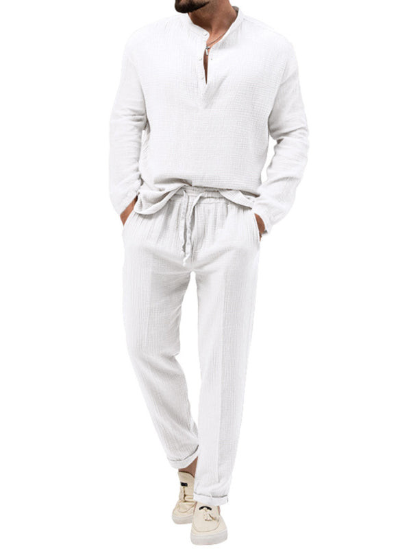 Men's new solid color casual long-sleeved shirt and trousers suit Shello's Creative Boutique