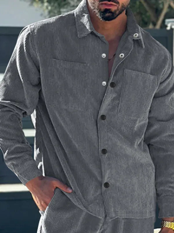 Men's new casual multi-pocket solid color corduroy button-down shirt - Shello's Creative Boutique