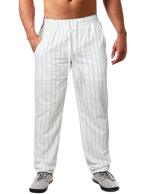 Men's vertical striped lace-up elastic waist beach pants casual trousers Shello's Creative Boutique
