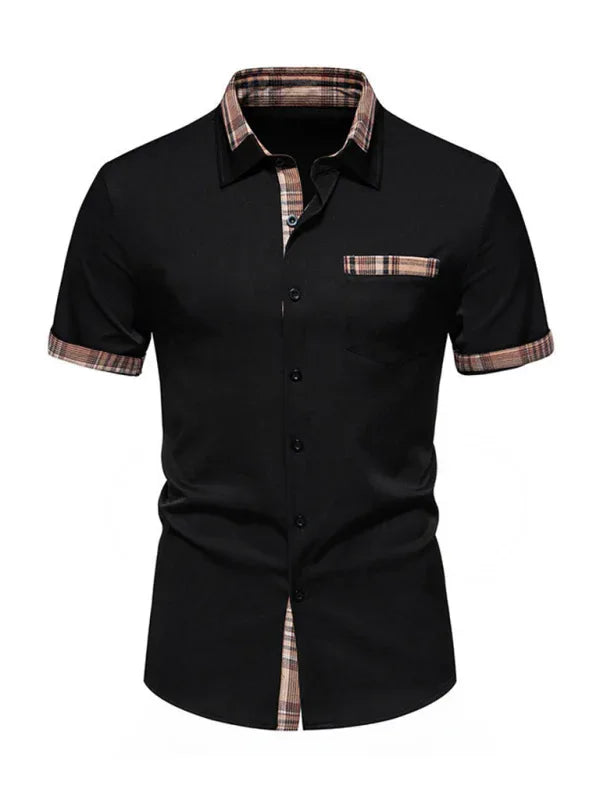 Men's Casual Collar Buttoned Plaid Color Block Short Sleeve Shirt – Sophisticated Style for Warm Seasons! - Shello's Creative Boutique