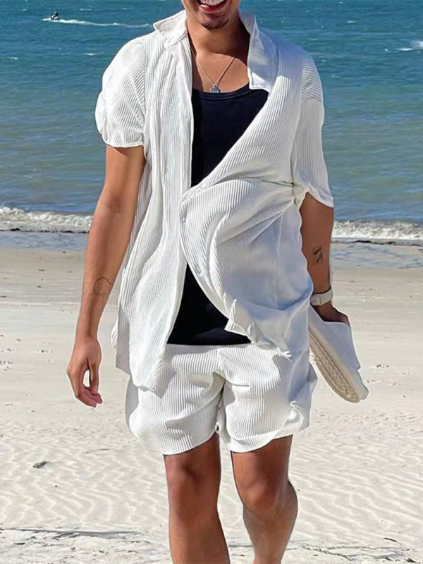 Men's casual loose beachwear solid color striped short-sleeved suit Shello's Creative Boutique