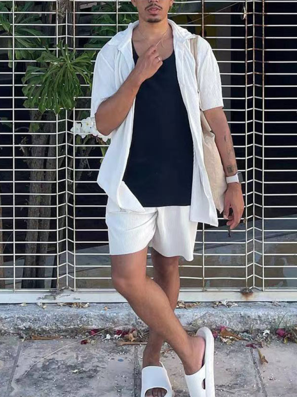 Men's casual loose beachwear solid color striped short-sleeved suit Shello's Creative Boutique