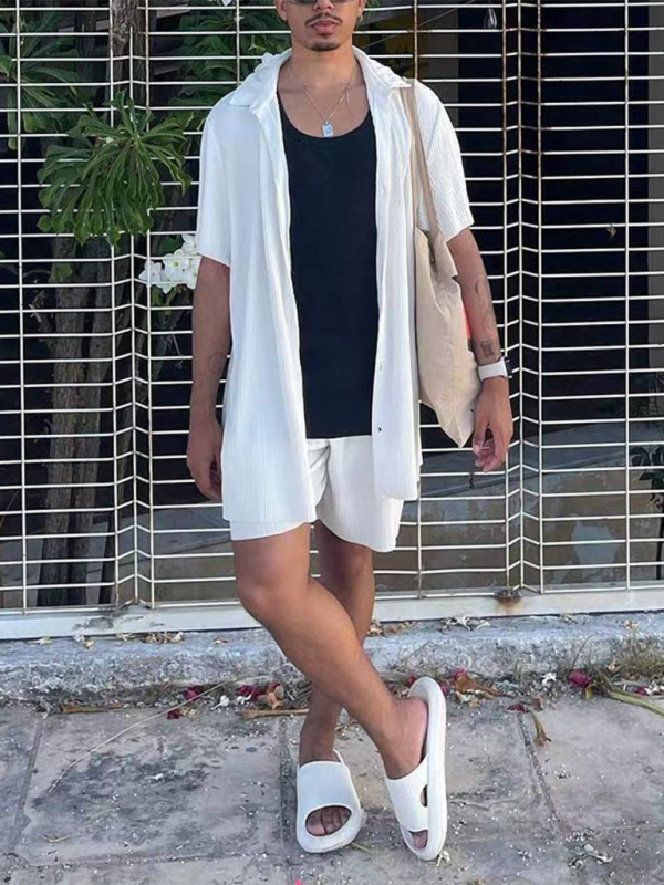 Men's casual loose beachwear solid color striped short-sleeved suit Shello's Creative Boutique