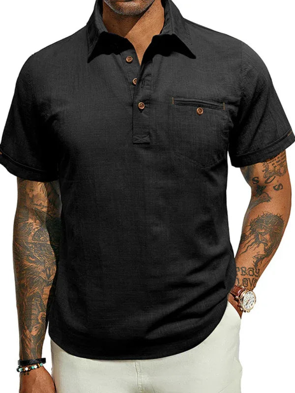 Men's casual solid color lapel short-sleeved tops - Shello's Creative Boutique