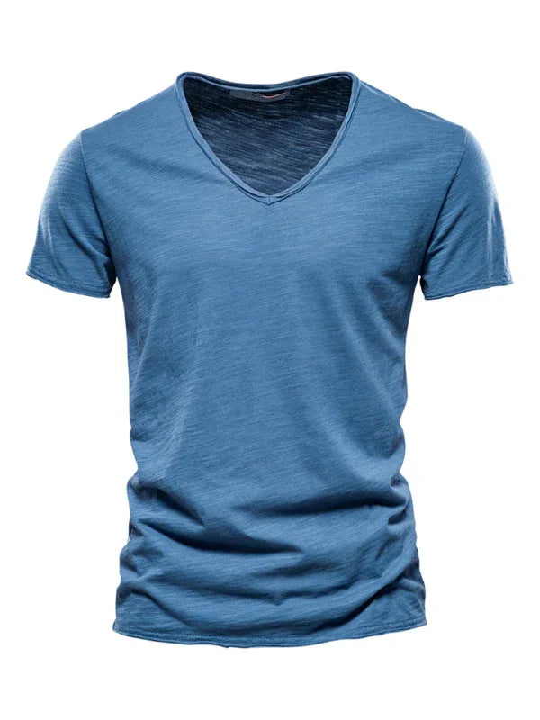 Men's V-Neck Cotton T-Shirt - New Solid Color Slub Short Sleeve Tee - Shello's Creative Boutique