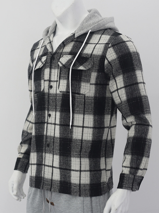 Loose Casual Flannel Jacquard Long Sleeve Hooded Plaid Shirt Shello's Creative Boutique