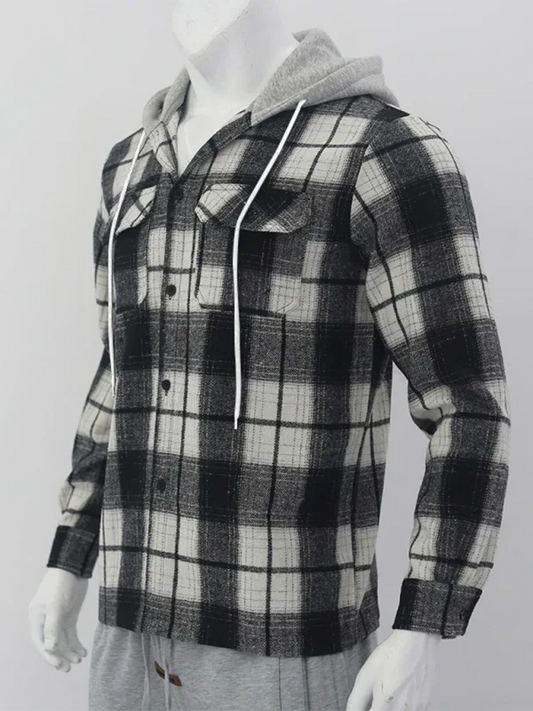 Loose Casual Flannel Jacquard Long Sleeve Hooded Plaid Shirt - Shello's Creative Boutique