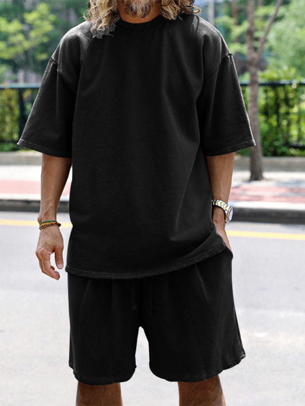 Men's solid color loose short-sleeved shorts set