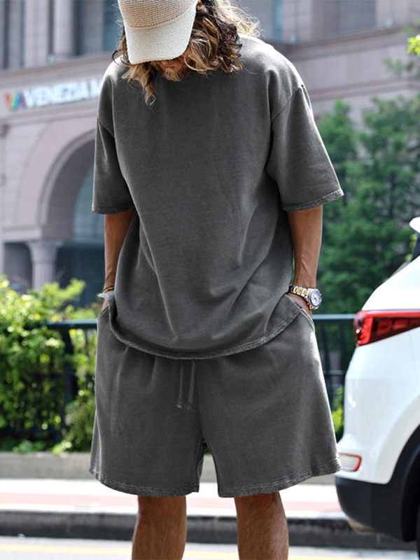 Men's solid color loose short-sleeved shorts set