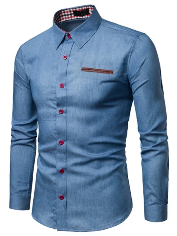 Men's Casual Leather Shirt with Pocket Patchwork and Long Sleeves - Shello's Creative Boutique