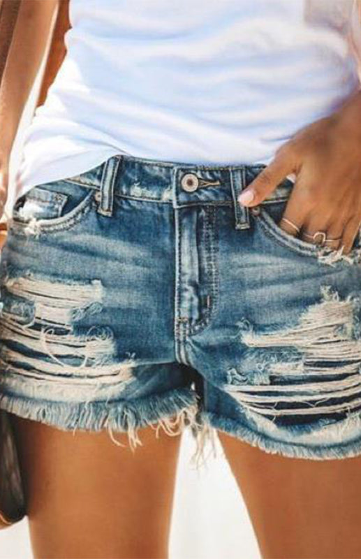 Women's High-Waisted, Fringed, Cut-Out Denim Shorts Shello Creative Boutique