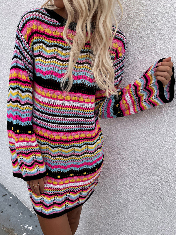 Women'S Rainbow Stripe Pullover Medium Length Sweater Shello's Creative Boutique