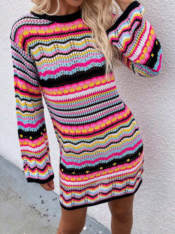 Women'S Rainbow Stripe Pullover Medium Length Sweater Shello's Creative Boutique