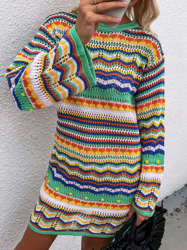 Women'S Rainbow Stripe Pullover Medium Length Sweater Shello's Creative Boutique