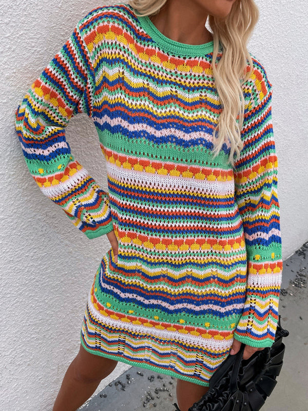 Women'S Rainbow Stripe Pullover Medium Length Sweater Shello's Creative Boutique