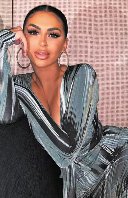 Sexy Printed Long-Sleeved V-Neck Dress Shello's Creative Boutique