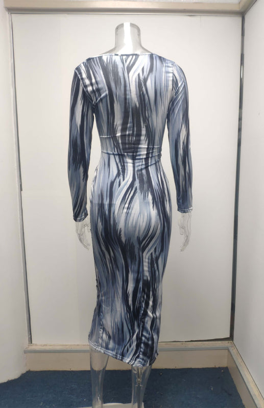 Sexy Printed Long-Sleeved V-Neck Dress Shello's Creative Boutique