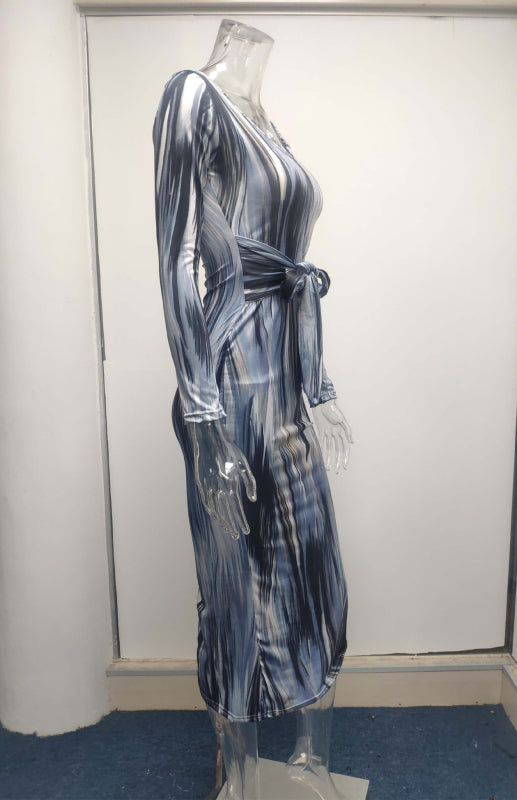 Sexy Printed Long-Sleeved V-Neck Dress Shello's Creative Boutique
