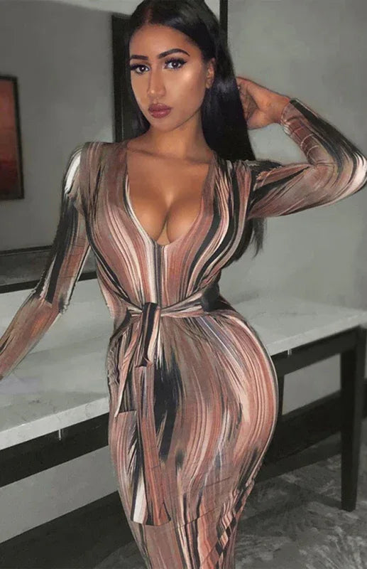 Sexy Printed Long-Sleeved V-Neck Dress - Shello's Creative Boutique