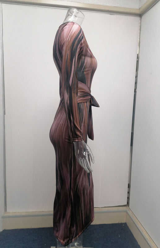 Sexy Printed Long-Sleeved V-Neck Dress Shello's Creative Boutique