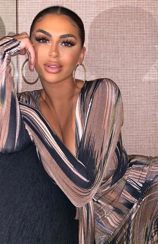 Sexy Printed Long-Sleeved V-Neck Dress Shello's Creative Boutique