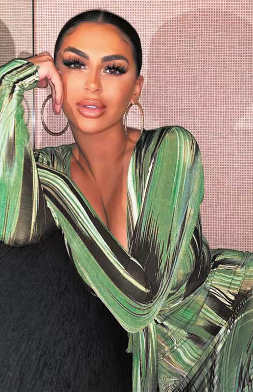 Sexy Printed Long-Sleeved V-Neck Dress Shello's Creative Boutique