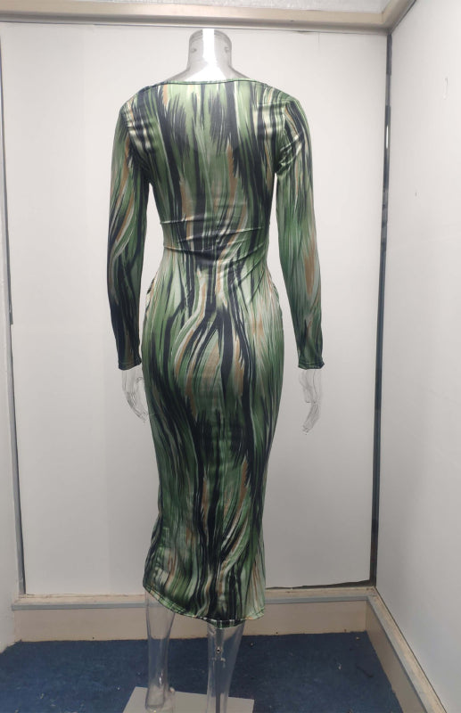 Sexy Printed Long-Sleeved V-Neck Dress Shello's Creative Boutique