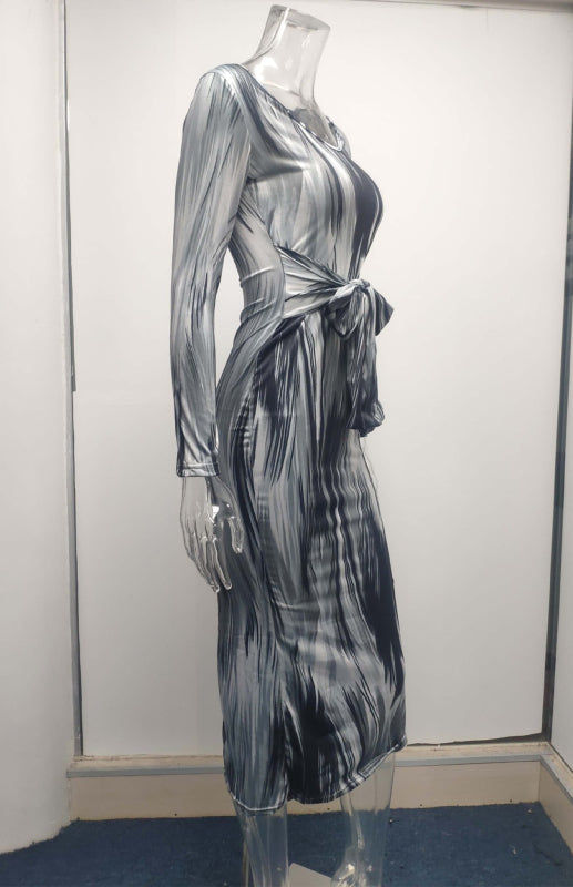 Sexy Printed Long-Sleeved V-Neck Dress Shello's Creative Boutique