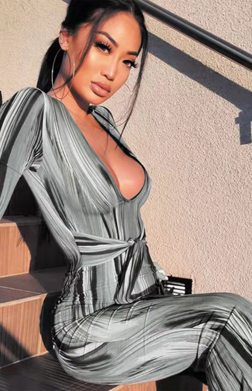 Sexy Printed Long-Sleeved V-Neck Dress Shello's Creative Boutique