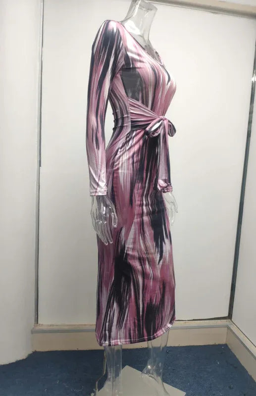 Sexy Printed Long-Sleeved V-Neck Dress - Shello's Creative Boutique