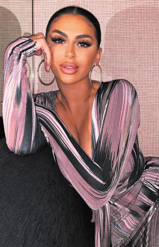 Sexy Printed Long-Sleeved V-Neck Dress Shello's Creative Boutique