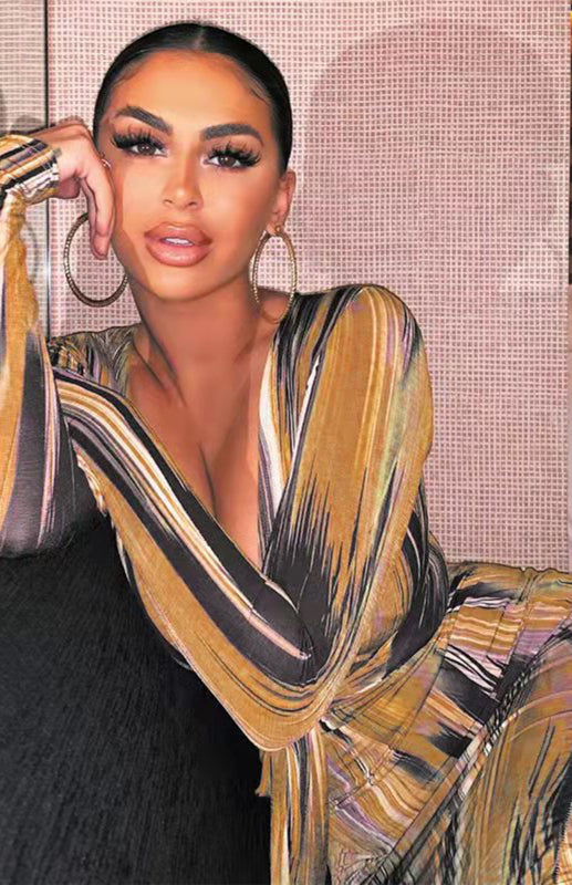 Sexy Printed Long-Sleeved V-Neck Dress Shello's Creative Boutique