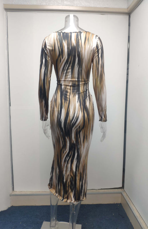 Sexy Printed Long-Sleeved V-Neck Dress Shello's Creative Boutique