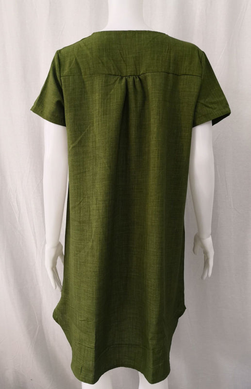 V-Neck Rolled Short Sleeve Gathered Curved Linen Dress Shello's Creative Boutique