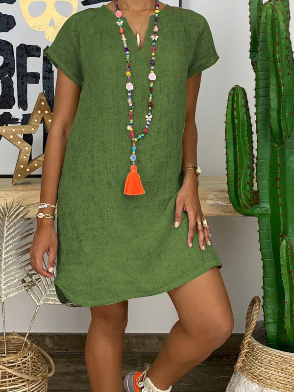 V-Neck Rolled Short Sleeve Gathered Curved Linen Dress – Effortless Chic for Every Occasion - Shello's Creative Boutique