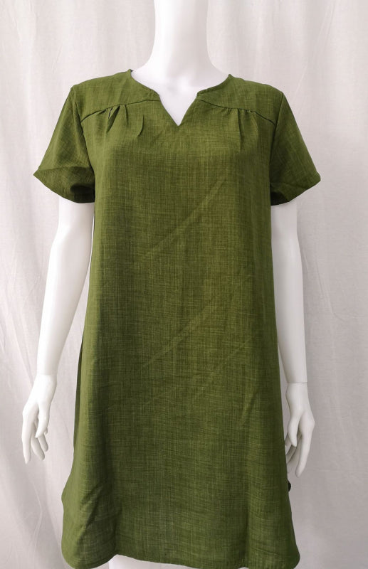 V-Neck Rolled Short Sleeve Gathered Curved Linen Dress Shello's Creative Boutique